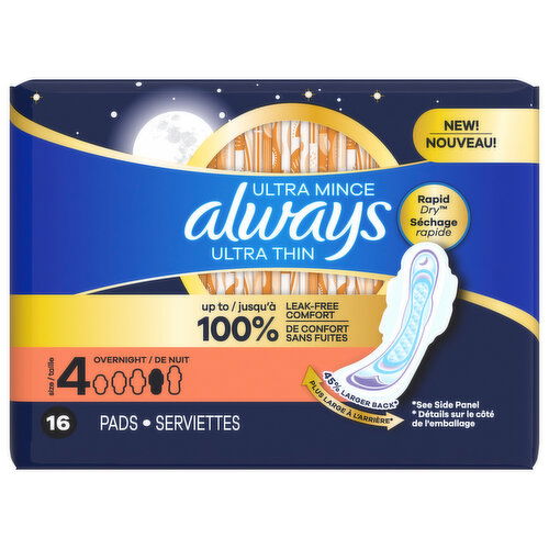 Always Pads, Ultra Thin, Overnight, Size 4