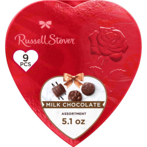 Russell Stover Valentine's Day Red Foil Heart Milk Chocolate Assortment Gift Box