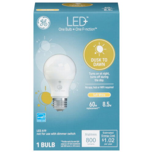 GE Light Bulb, LED+, Dusk to Dawn Soft White, 8.5 Watts