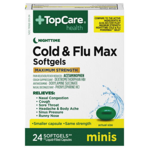 TopCare Cold & Flu Max, Maximum Strength, Nighttime, Minis, Softgels