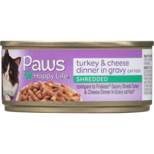 Paws Happy Life Cat Food, Turkey & Cheese Dinner in Gravy, Shredded