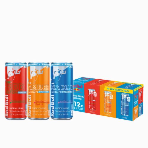 Red Bull Energy Drink Sugar Free Variety Pack, Red, Amber, and Sea Blue, with 80mg Caffeine, Taurine & B Vitamins