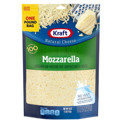 Kraft Shredded Cheese, Part-Skim, Mozzarella, Low-Moisture, One Pound Bag