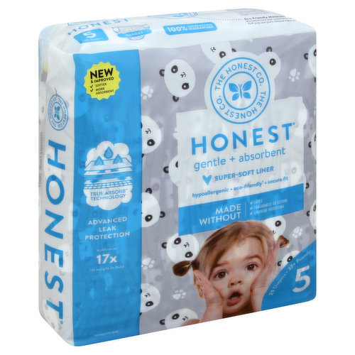 Honest Co Diapers, Gentle + Absorbent, Pandas, 5 (27+ Pounds)