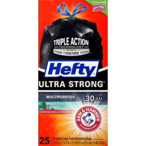 Hefty Trash Bags, Drawstring, White Pine Breeze, Large, 30 Gallon