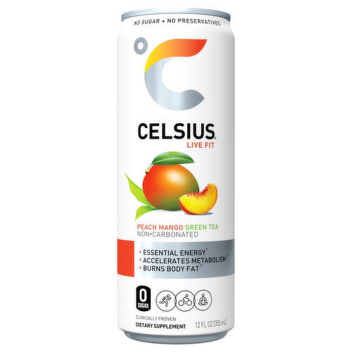 Celsius Energy Drink, Fizz-Free, Peach Mango Green Tea