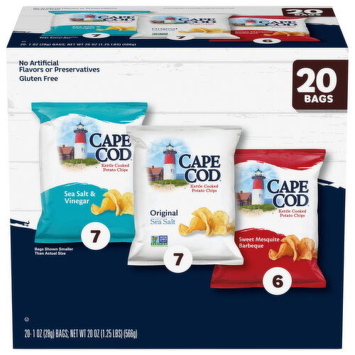 Cape Cod Potato Chips, Sea Salt & Vinegar/Original/Sweet Mesquite Barbeque, Kettle Cooked - 20 Each