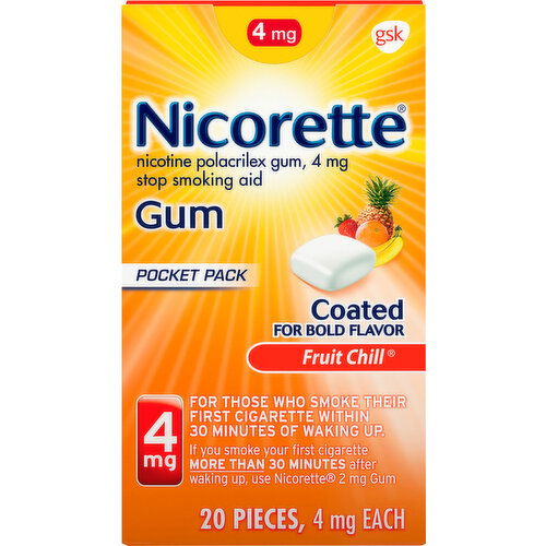 Nicorette Stop Smoking Aid, 4 mg, Gum, Coated, Fruit Chill, Pocket Pack