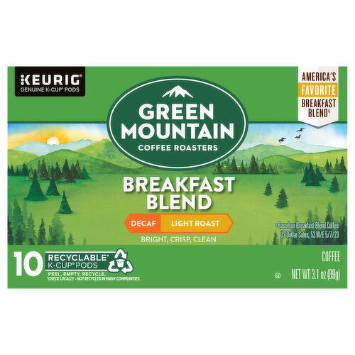 Green Mountain Coffee Roasters Coffee, Light Roast, Breakfast Blend, Decaf, K-Cup Pods