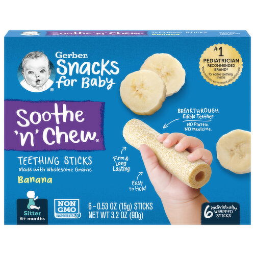 Gerber Teething Sticks, Banana, Soothe 'n' Chew, Sitter (6+ Months)