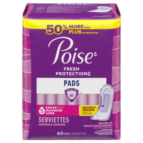 Poise Pads, 5 Maximum, Long - 60 Each