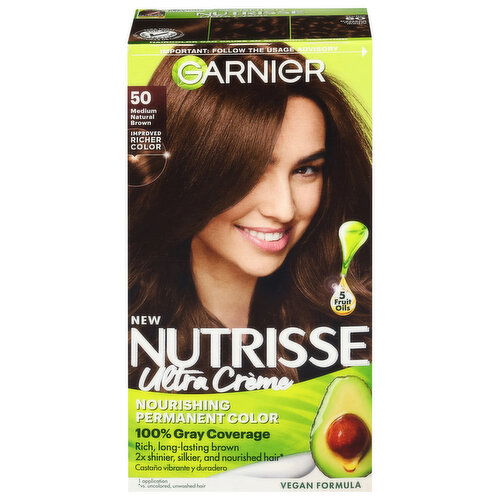 Garnier Hair Color, Permanent, Ultra Creme, Medium Natural Brown 50