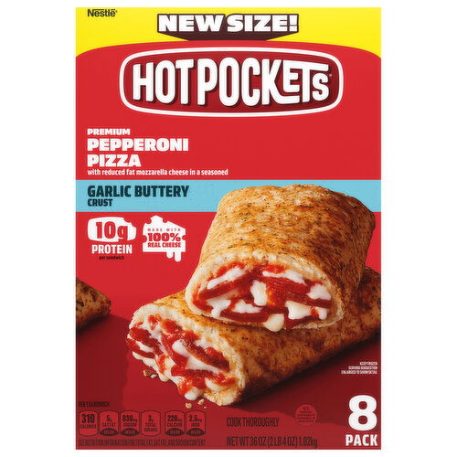 Hot Pockets Sandwiches, Premium, Pepperoni Pizza, Garlic Buttery Crust, 8 Pack