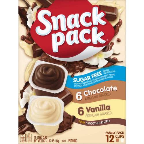 Snack Pack Pudding, Sugar Free, Chocolate/Vanilla, Family Pack, 12 Pack