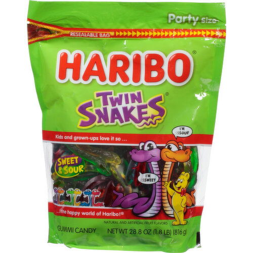 Haribo Gummi Candy, Sweet & Sour, Twin Snakes, Party Size - 28.8 Ounce