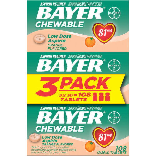 Bayer Aspirin, Low Dose, Chewable, 81 mg, Orange Flavored, Tablets, 3 Pack