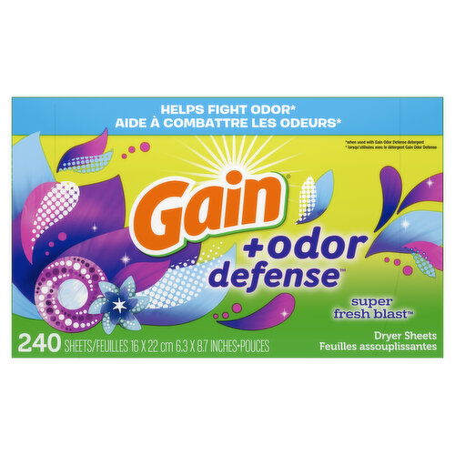 Gain + Odor Defense Dryer Sheets, Super Fresh Blast Scent