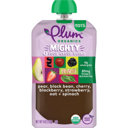 Plum Organics Mighty 4 Pear, Black Bean, Cherry, Blackberry, Strawberry, Oat + Spinach 4oz Pch