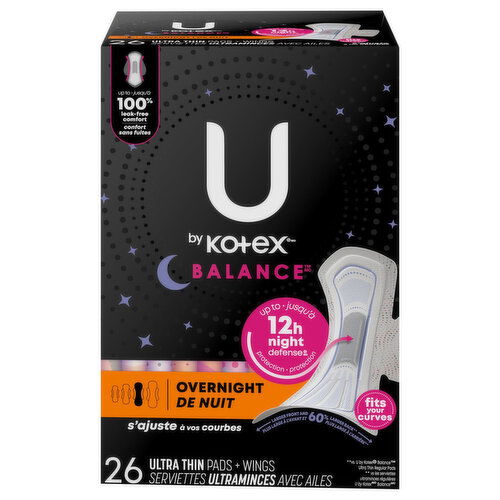 U by Kotex Overnight Ultra Thin Pads + Wings - 26 Each