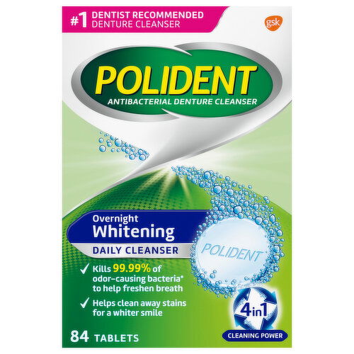 Polident Denture Cleanser, Antibacterial, Overnight Whitening, Tablets