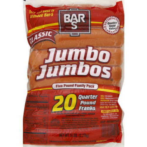 Bar S Franks, Jumbo Jumbos, Classic, Five Pound Family Pack