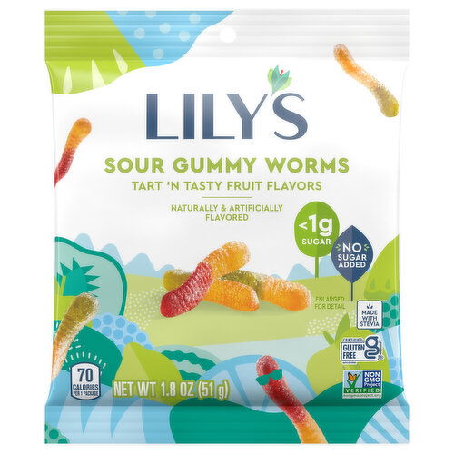 Lily's Gummy Worms, Tart 'N Tasty Fruit Flavors, Sour - 1.8 Ounce