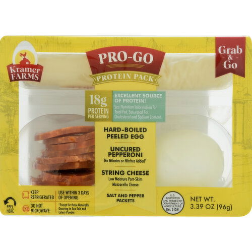Kramer Farms Protein Pack, Hard Boiled Peeled Egg, Uncured Pepperoni, String Cheese - 3.39 Ounce