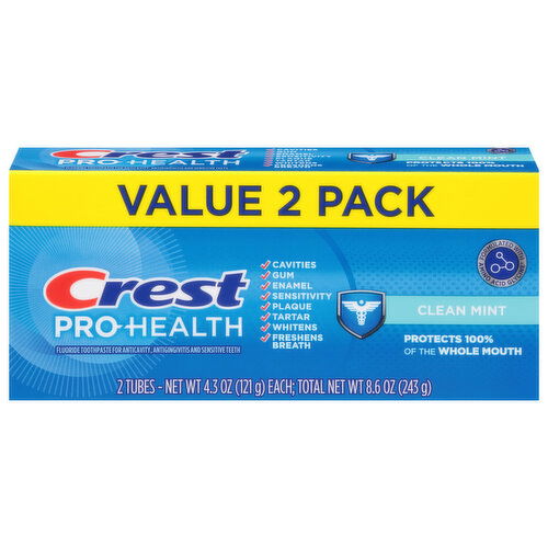 Crest Toothpaste, Fluoride, Clean Mint, Value 2 Pack