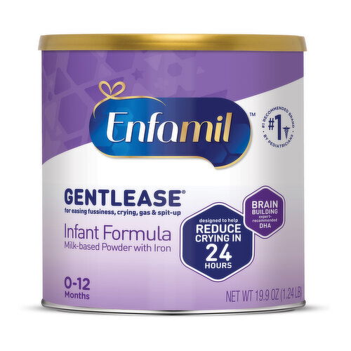 Enfamil Gentlease Infant Formula provides a gentle start for sensitive tummies. It's designed to have easy-to-digest proteins and is clinically proven to ease fussiness, gas and crying in 24 hours.