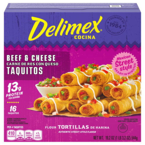 Delimex Taquitos, Beef & Cheese, Flour Tortillas