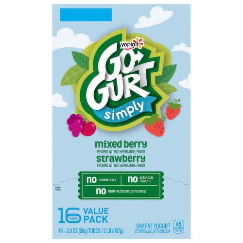 Go-Gurt Yogurt, Low Fat, Mixed Berry, Strawberry, Value Pack