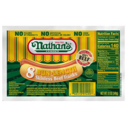 Nathan's Bun Length Skinless Beef Franks - 8 Each