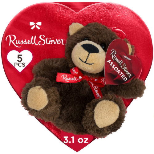 Russell Stover Plush Bear with Red Foil Heart Assorted Milk & Dark Chocolate Gift Box