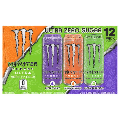 Monster Energy Drink, Zero Sugar, Ultra Violet/Ultra Sunrise/Ultra Paradise, Variety Pack