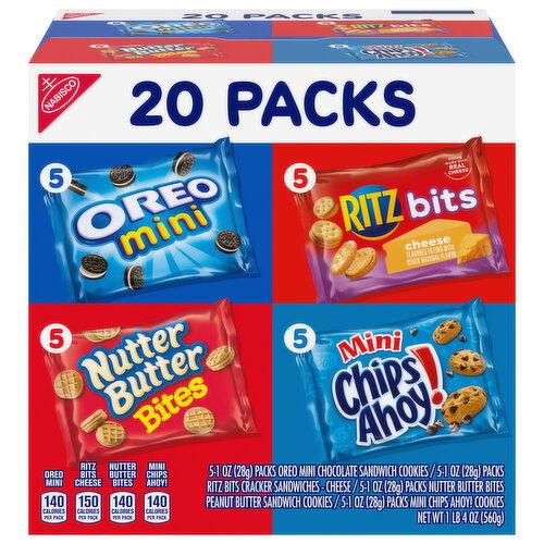 CHIPS AHOY!/NUTTER BUTTER/OREO/RITZ Nabisco Classic Mix Variety Pack, OREO Mini, CHIPS AHOY! Mini, Nutter Butter Bites, RITZ Bits Cheese, 20 - 1 oz Snack Packs