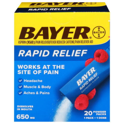 Bayer Rapid Relief, Raspberry Flavor, 650 mg, Powder Packs