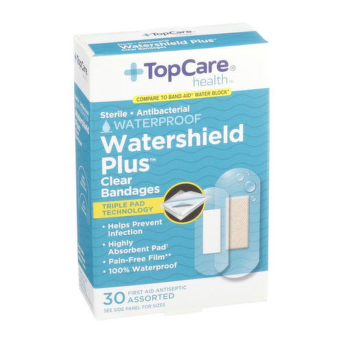 Topcare Watershield Plus, Sterile Antibacterial Waterproof First Aid Antiseptic Assorted Bandages, Clear