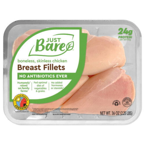 Just Bare Boneless Skinless Chicken No Antibiotics Ever Breast Fillets - 36 Ounce