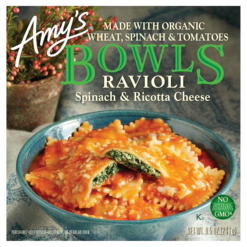 Amy's Frozen Bowls, Spinach & Ricotta Cheese Ravioli, Non-GMO, 8.5 oz.