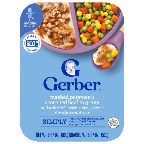 Gerber Toddler (12+ Months) Mashed Potatoes & Seasoned Beef in Gravy and a Side of Carrots, Peas & Corn - 6.67 Ounce