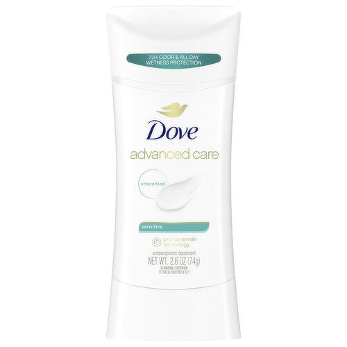 Dove Antiperspirant Deodorant, Advanced Care, Sensitive, Unscented, 72H