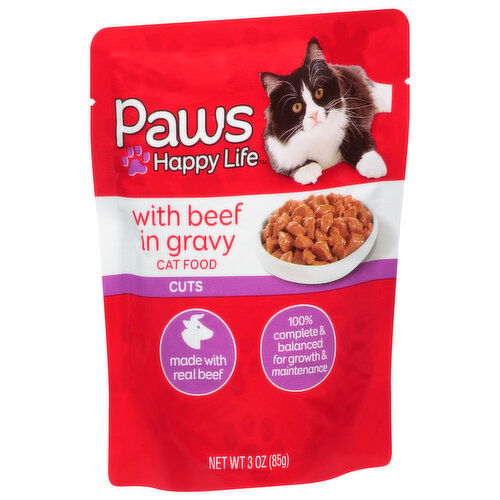 Paws Happy Life Cat Food, with Beef in Gravy, Cuts