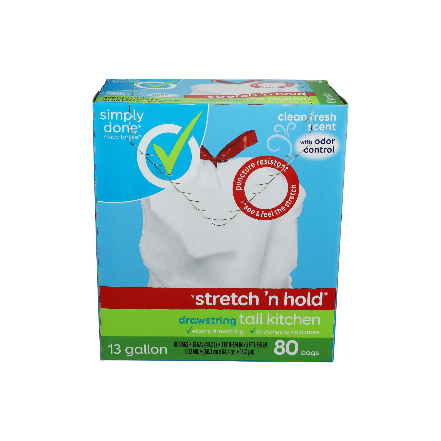 Simply Done Clean Fresh Scent Stretch N Hold Drawstring Tall Kitchen Bags - 80 Count Image 1 of 2