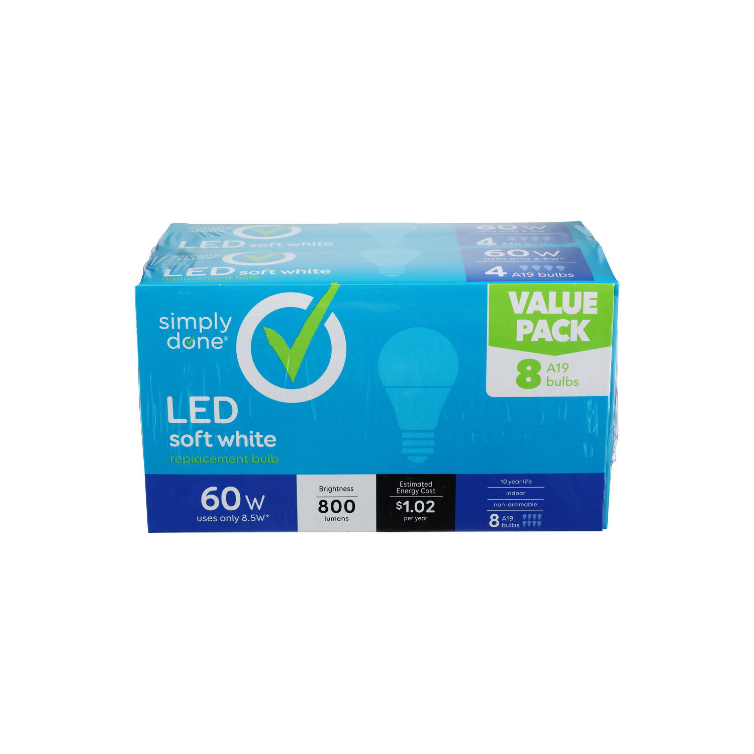 Simply Done Value Pack A19 60W LED Soft White Bulbs - 8 Count Image 1 of 2