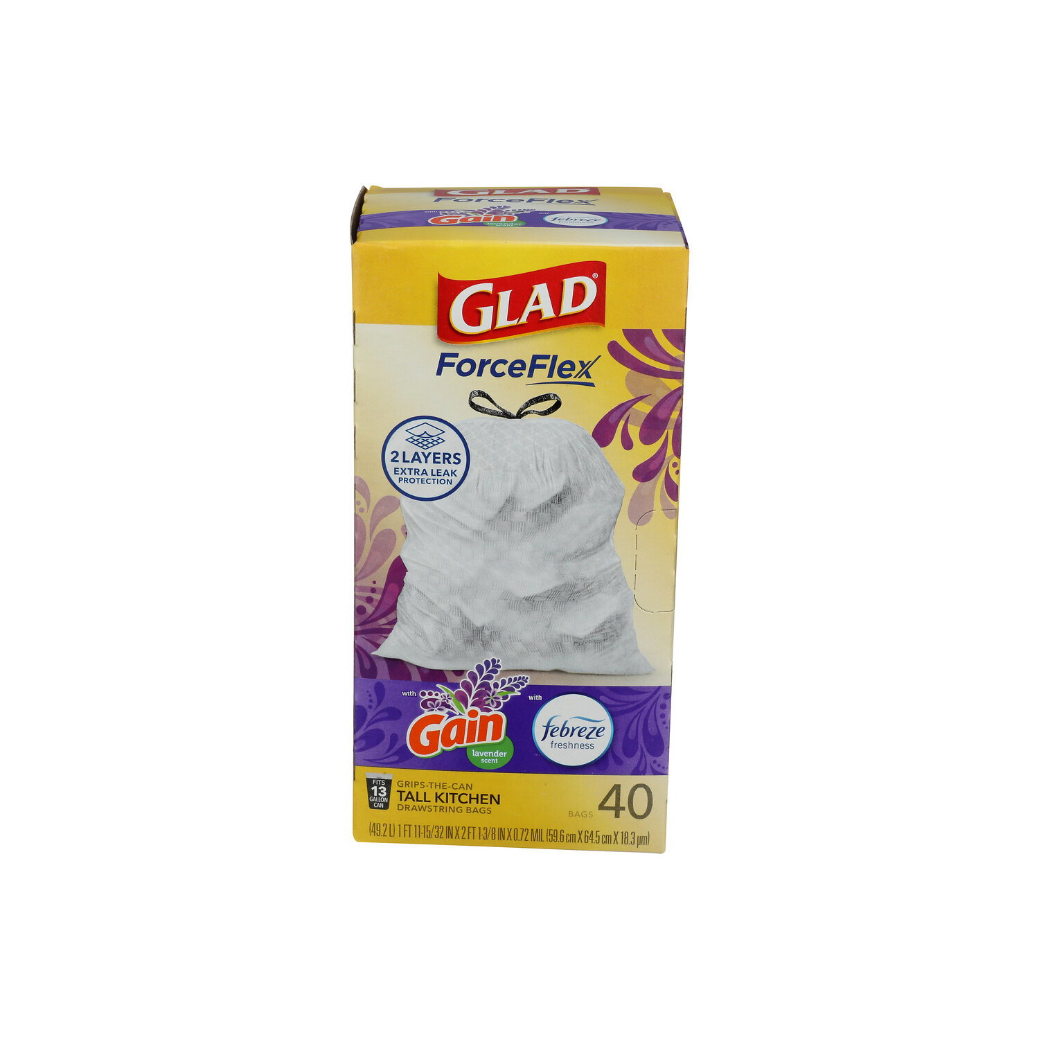Glad Force Flex With Gain Lavender Scent Tall Kitchen Drawstring Bags - 40 Count Image 1 of 2