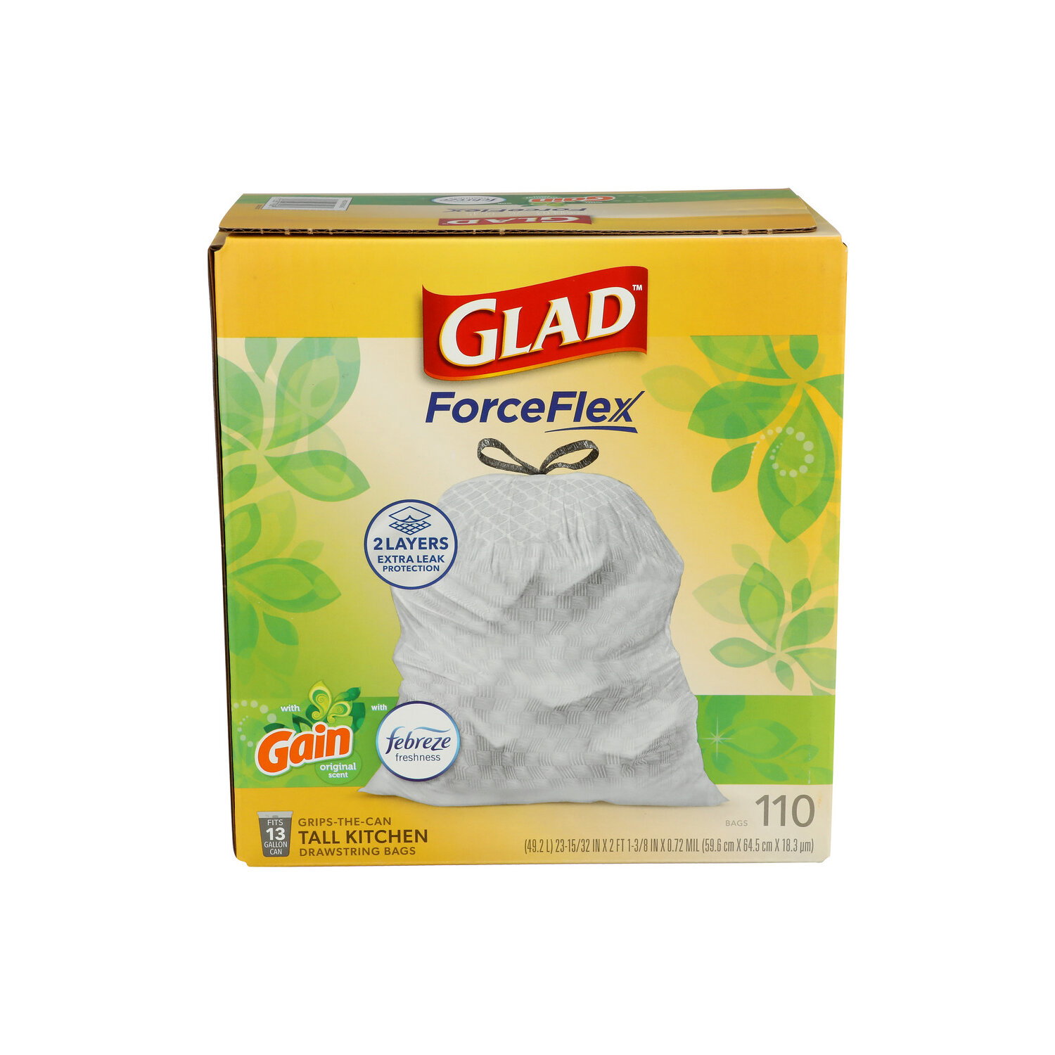 Glad With Gain Orginal Scent Febreze Freshness Grips-The-Can Tall Kitchen Drawstring Bags - 110 Count Image 1 of 2