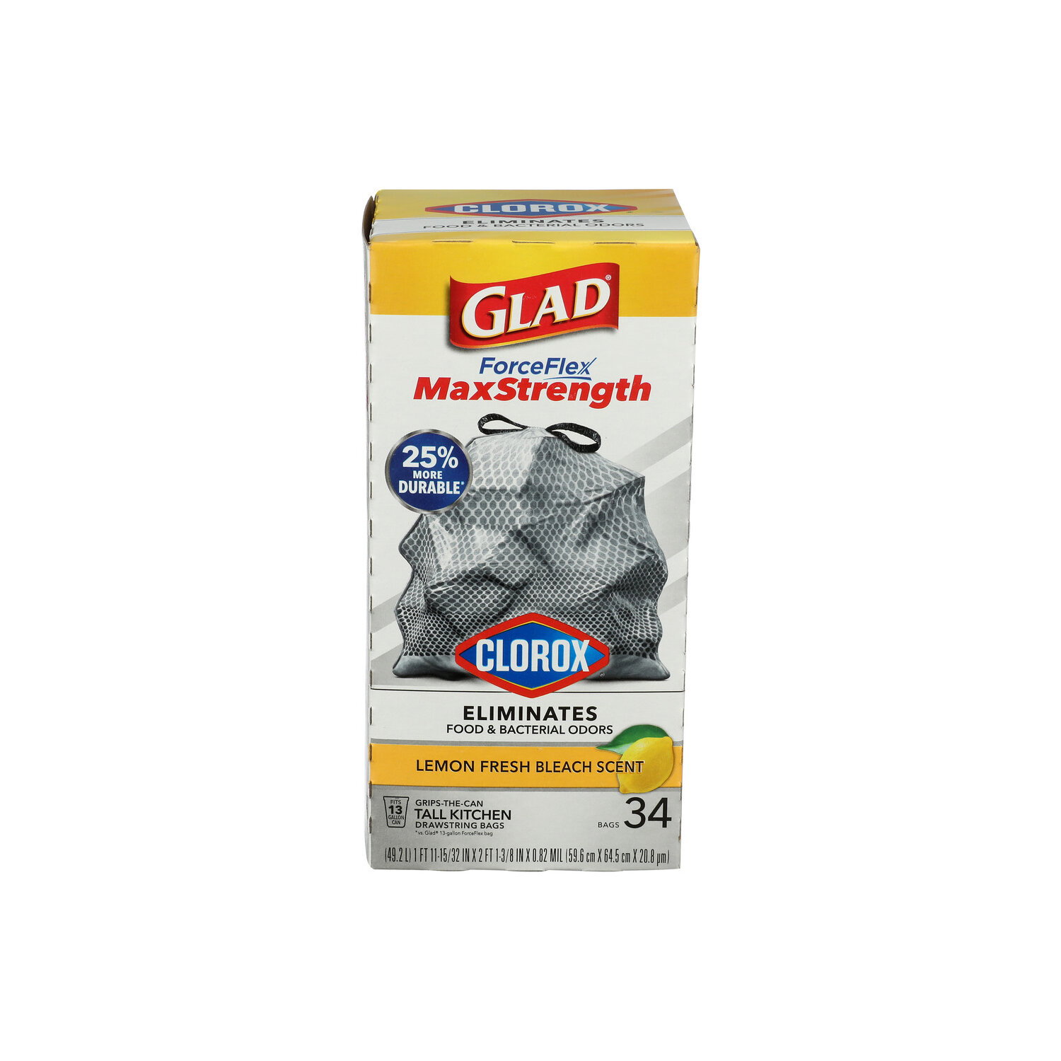 Glad Lemon Fresh Bleach Scent Forceflex Plus Grips-The-Can Tall Kitchen Drawstring Bags - 34 Count Image 1 of 2