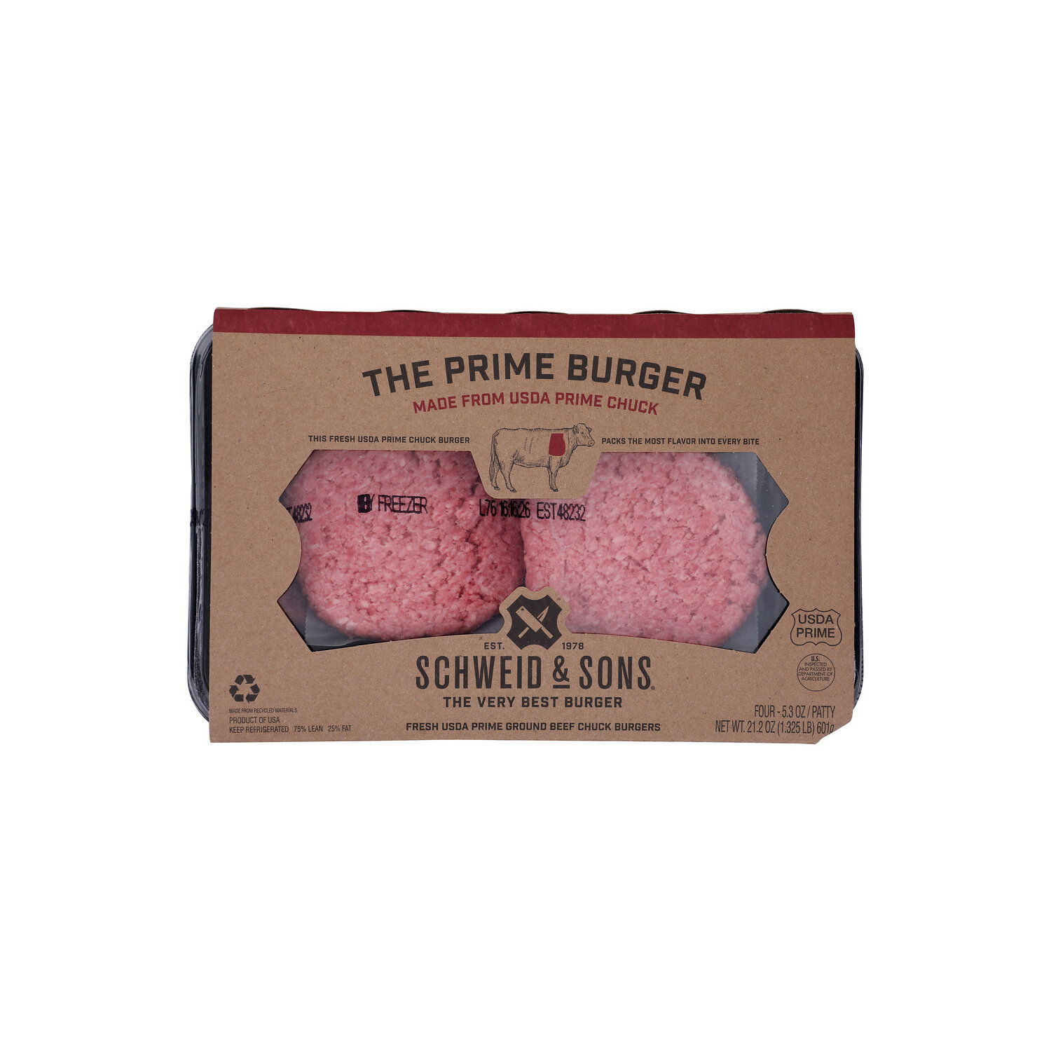 Schweid & Sons Beef Chuck Burgers, Ground, Prime - 5.3 Ounce
