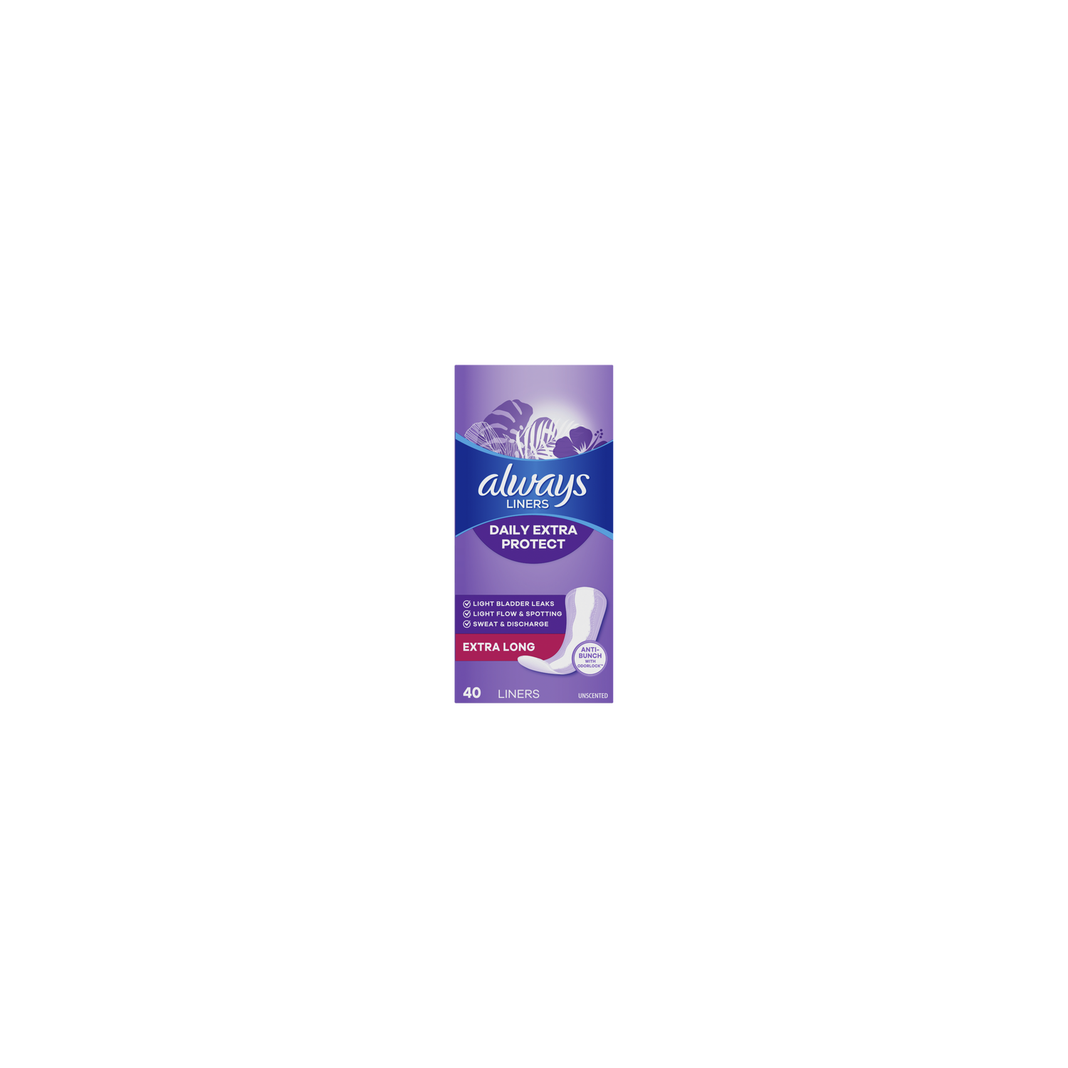 Always Daily Extra Protect Liners, Long Length, Unscented - 40 Count