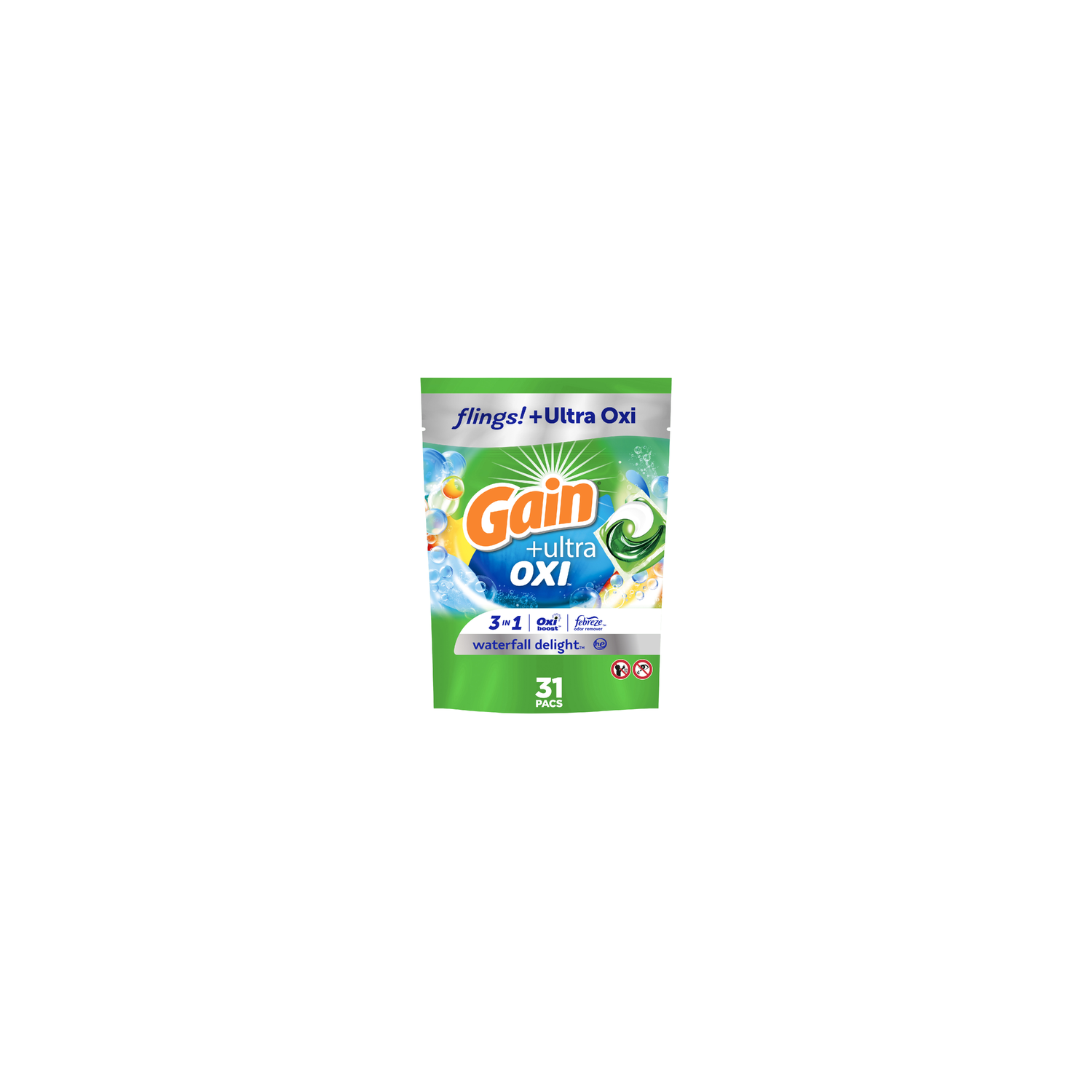 Gain Flings Liquid Detergent Pacs, Waterfall Delight Scent - 31 Count Image 1 of 2